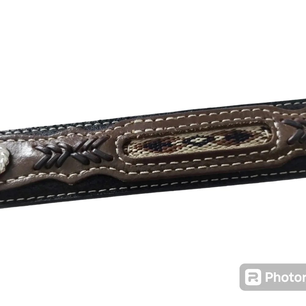 Nocona Western Boys Belt Youth Brown/Black‎ Leather Fabric Inset w/Conchos sz 22